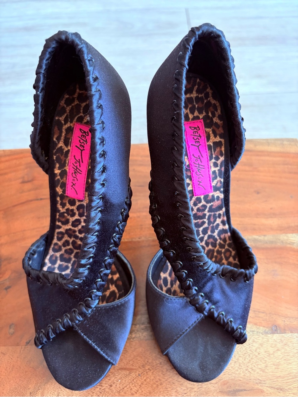Betsey Johnson Black Satin Peep-Toe Heels with Leopard Insole